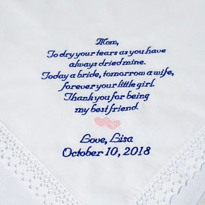 Embroidered Personalized Mother of the Bride Handkerchief Wedding Day Keepsake - FREE Gift Box - Embroidered Handkerchief - Custom Hanky