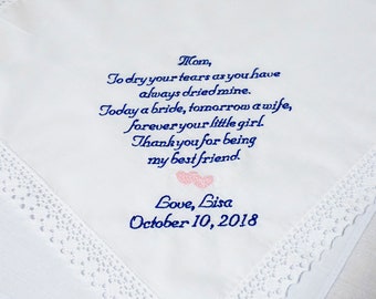 Embroidered Personalized Mother of the Bride Handkerchief Wedding Day Keepsake - FREE Gift Box - Embroidered Handkerchief - Custom Hanky