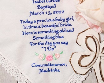 Baptism Custom Embroidered Keepsake Handkerchief: Baby Girl Christening Keepsake