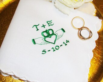 Irish Claddagh Monogrammed Personalized Wedding Keepsake Handkerchief FREE Gift Box - Thread Born Memories