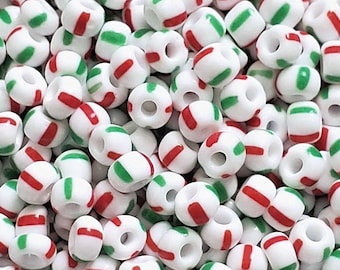 Perline di semi ceche Preciosa: bianche con strisce verdi e rosse - Rocailles da 4 mm