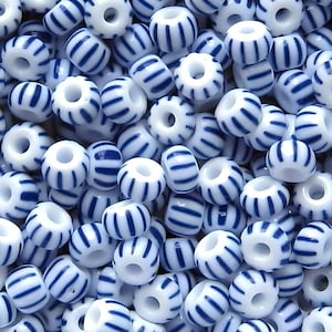 6/0 White With 10 Blue Stripes . Preciosa Glass Czech Seed Beads 3.8 mm Rocailles E-Beads . Won&#39;t Fade: BULK 20/50/125/250 Grams.