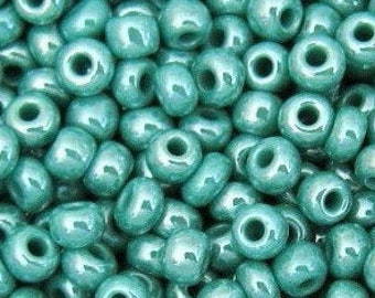 6/0 Turquoise Green Opaque Luster | 4mm Czech Glass Seed Beads, E Beads, Rocailles | BULK 20/50/100/250/500 Grams | #68130.