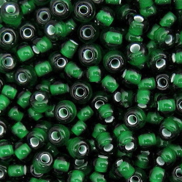 20g 6/0 Emerald Green, White Lined Center | Transparent Czech Seed Beads | 4mm Ornela Preciosa E Beads, Rocailles.