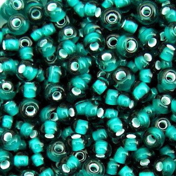 20g 6/0 Green Teal, White Lined Center | Transparent Czech Seed Beads | 4mm Ornela Preciosa E Beads, Rocailles.