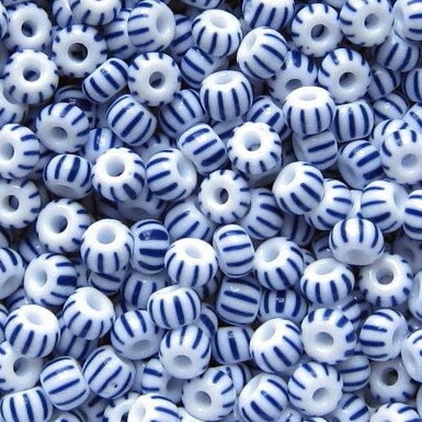 6/0 White With 10 Blue Stripes . Preciosa Glass Czech Seed Beads 4mm Rocailles E-Beads . Won't Fade: BULK 20/50/100/250 Grams.