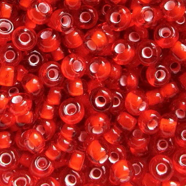 20 g 6/0 Rouge Siam, Rouge clair, Centre ligné blanc | Perles de rocaille tchèques transparentes | Perles Ornela Preciosa E 4 mm, rocailles.