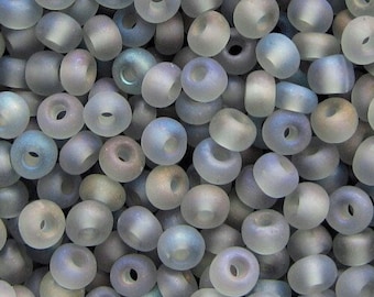 6/0 Czech Glass Seed Beads: Black Diamond Gray Matte AB, 4mm Rocailles