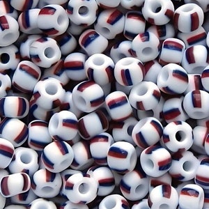 6/0 White With Navy Blue & Red Stripes-Preciosa Opaque Czech Seed Beads-Glass 4 mm Glass Rocailles Pony E-Beads : 20/50/100/250 Grams #03370