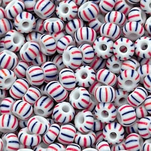 6/0 White Opaque With 10 Blue & Red Stripes | Preciosa Czech Glass Seed Beads | 4 mm Rocailles, E-Beads: 20/50/125/250 Grams - #03931.