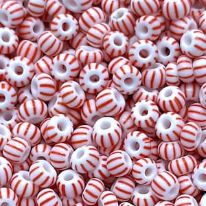 6/0 White With 10 Red Stripes | Preciosa Opaque Czech Seed Beads | 4 mm Glass Rocailles E-Beads: 20/50/125/250 Grams #03891.