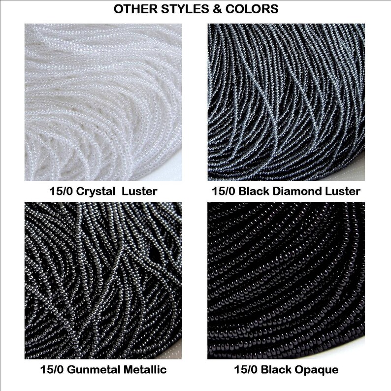 Op de afbeelding: Vier close-up afbeeldingen van kralen in verschillende kleuren en afwerkingen. De afbeelding linksboven toont 15/0 Crystal Luster kralen. De afbeelding rechtsboven toont 15/0 Black Diamond Luster kralen. De afbeelding linksonder toont 15/0 Gunmetal Metallic kralen. De afbeelding rechtsonder toont 15/0 Black Opaque kralen.