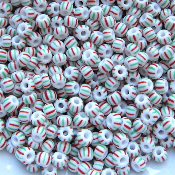 Czech Glass Seed Beads: White with Green Red Stripes 4mm Rocailles