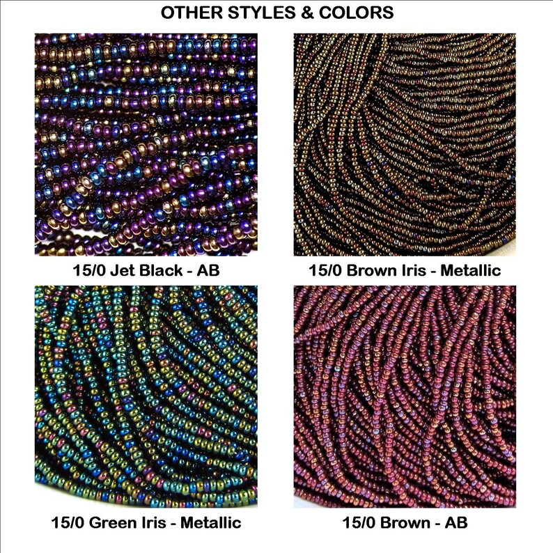 Op de afbeelding: Vier close-up afbeeldingen van zaadkraaltjes in verschillende kleuren en afwerkingen. De kralen zijn maat 15/0. De kleuren zijn Jet Black met AB-afwerking, Brown Iris met Metallic-afwerking, Green Iris met Metallic-afwerking en Brown met AB-afwerking.