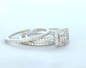 14kt white gold diamond set of three. ( 1，wedding band, 1，engagement ring, 1 anniversary  ring)