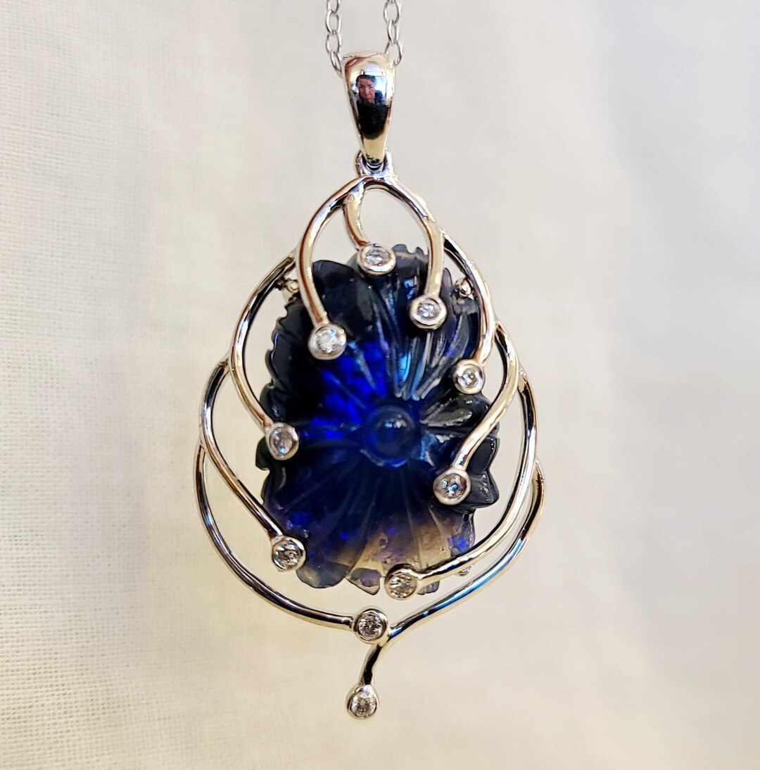 18k White Gold Diamond and Natural Blue Opal Pendant - Etsy