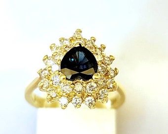 14kt yellow gold diamond and heart shape sapphire ring
