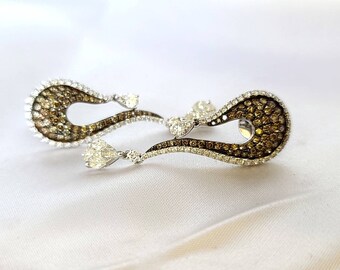 18k white gold dangling white and brown diamond earrings