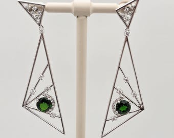 18kt white gold diamond and Tsavorite  dangling earrings