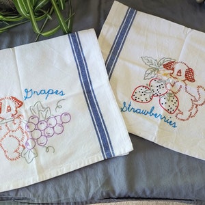 Hand Embroidered Puppies and Fruit Kitchen Towels
