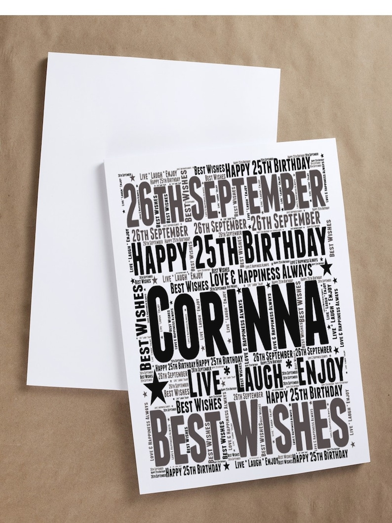 25th birthday card personalised word art print for him for etsy