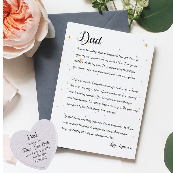 Save the Date Dad Will You Walk Me Down the Aisle Personalised Printed Poem | Heart Token . Father of the Bride Letter Gift from Bride to be