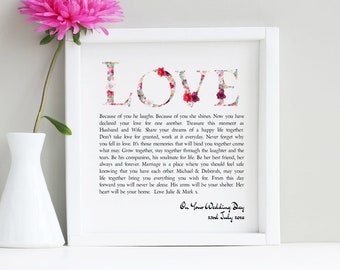 Personalised Wedding Poem - Love - Framed Wedding Print Gift for Bride and Groom Present for Newlywed Wedding Day Gift