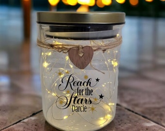 Reach for the Stars Personalised LED Candle Fairy Lights Light Up Candle Jar Flameless Candle Gift for Her Birthday Christmas