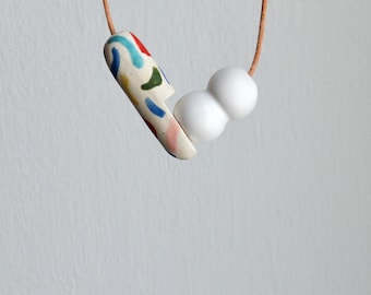 Hand-Painted Stoneware Clay Necklace: Leather Cord Ceramic Pendant
