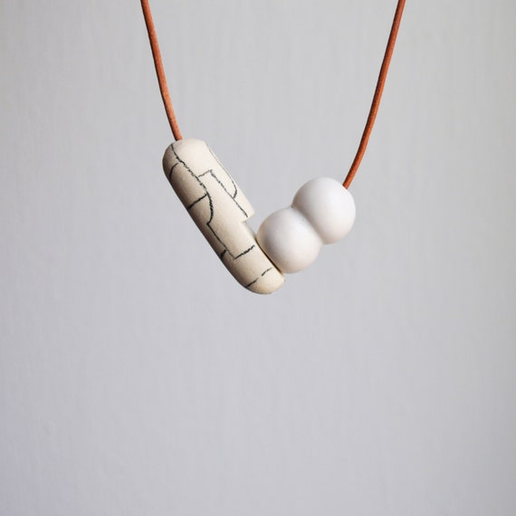 Stoneware Clay Necklace: Ceramic Pendant on Leather Cord