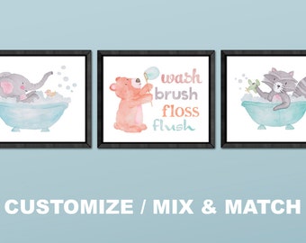 Watercolor Animal Kids Bathroom Art Prints: Wash Brush Floss Flush, Set of 3