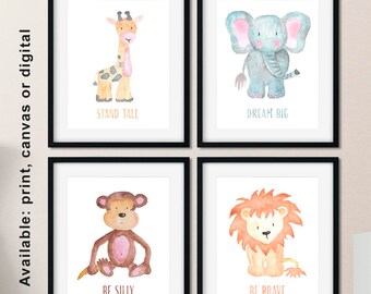 Watercolor animals nursery, Watercolor safari animals, Be brave lion, Watercolor baby animal nursery prints, Zoo animal nursery Print/Canvas