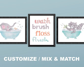 Kids Bathroom Watercolor Art Prints: Elephant, Racoon (Set of 3)