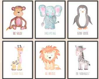 Watercolor Zoo Animal Nursery Prints: Set of 6 (Print/Canvas/Digital)
