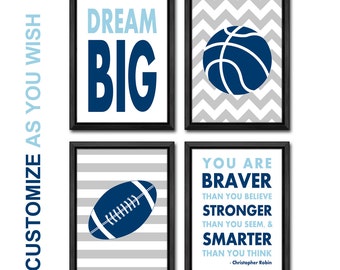 sports nursery decor, football basketball boys room decor, sports theme playroom decor, dream big boys nursery, you are braver boy decor