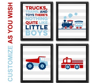 Truck, Train, Firetruck Nursery Art Prints: Boys Room Decor, Set of 4