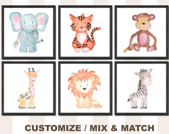 Watercolor Safari Animal Prints: Nursery Decor, Set of 6