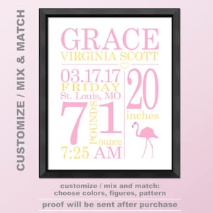 flamingo Birth Stats, tropical baby girl nursery decor PRINT/CANVAS/DIGITAL, personalized baby girl decor flamingo, tropical baby girl room