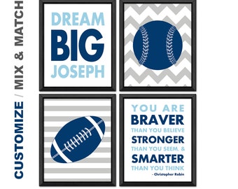 sports nursery football baseball, sports boys room decor personalized, sports theme playroom, dream big boy nursery,you are braver boy decor