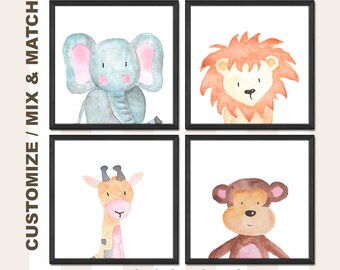 jungle animals baby wall decor, safari animals nursery prints elephant lion giraffe monkey, jungle baby shower decorations, zoo animals baby