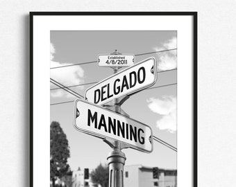 Personalized Street Sign Intersection Print with Wedding Date and Names, Wall Art for Couples printed on Paper or Canvas or Metal