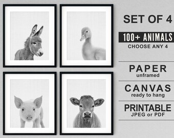 Farm Animal Nursery Prints: Donkey, Duck, Pig, Cow (Set of 4)