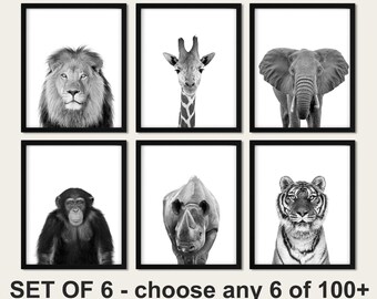 Safari Animal Nursery Prints: Black and White African Animals Wall Art