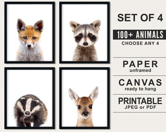 Woodland Animals Nursery Art Prints: Fox, Raccoon, Badger, Fawn - Set of 4