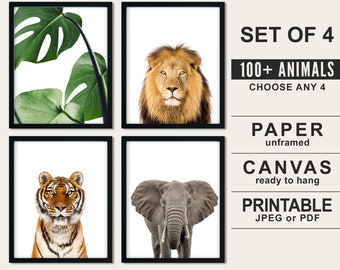 Jungle Animals Wall Art with Green Leaf, Safari Theme Nursery Decor, Jungle Bedroom Decor, Tiger Elephant Lion Tropical Leaf Canvas or Paper