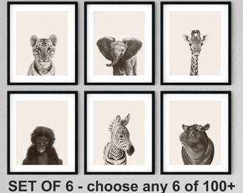 Set of 6 Nursery Animal Prints on Paper or Canvas, Safari Baby Room Decor, Jungle Animal Prints, Zoo Animals Baby Shower Gift, Neutral Decor