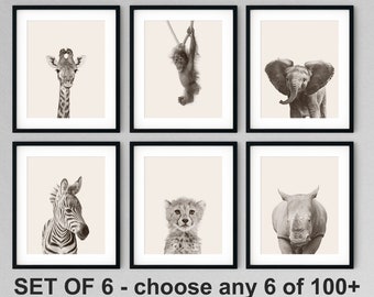 Safari Animal Nursery Prints: Neutral Kids Room Decor, Set of 6