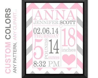 baby girl room decor with birth stats, pink gray chevron baby stats print, personalized baby gifts for baby girl, Birth Announcement Girl