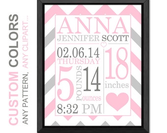 Personalized Baby Girl Birth Stats Print: Pink Gray Chevron Nursery Decor