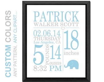 Personalized Baby Boy Birth Stats Print: Blue Gray Nursery Decor